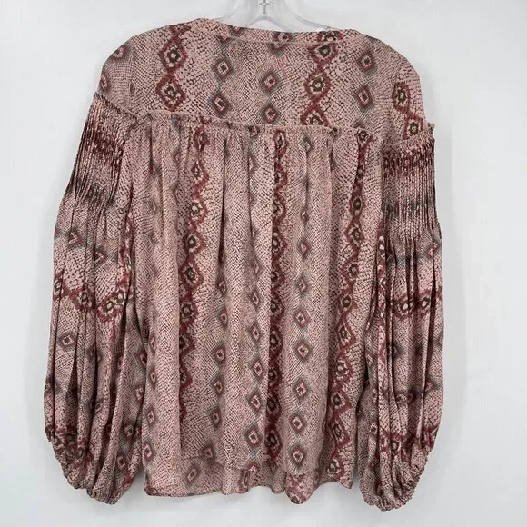 Parker 100% Silk Pleated Balloon Sleeve Peasant Blouse Women's XS Snakeskin‎ - Picture 4 of 10